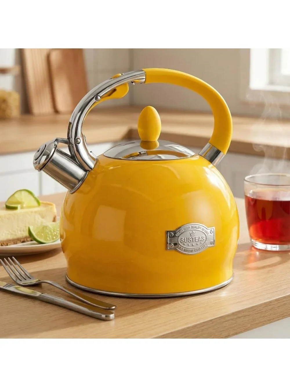 SUSTEAS Kitchen Whistling Tea Kettle 2.64Quart Stainless Steel Stove Top Yellow